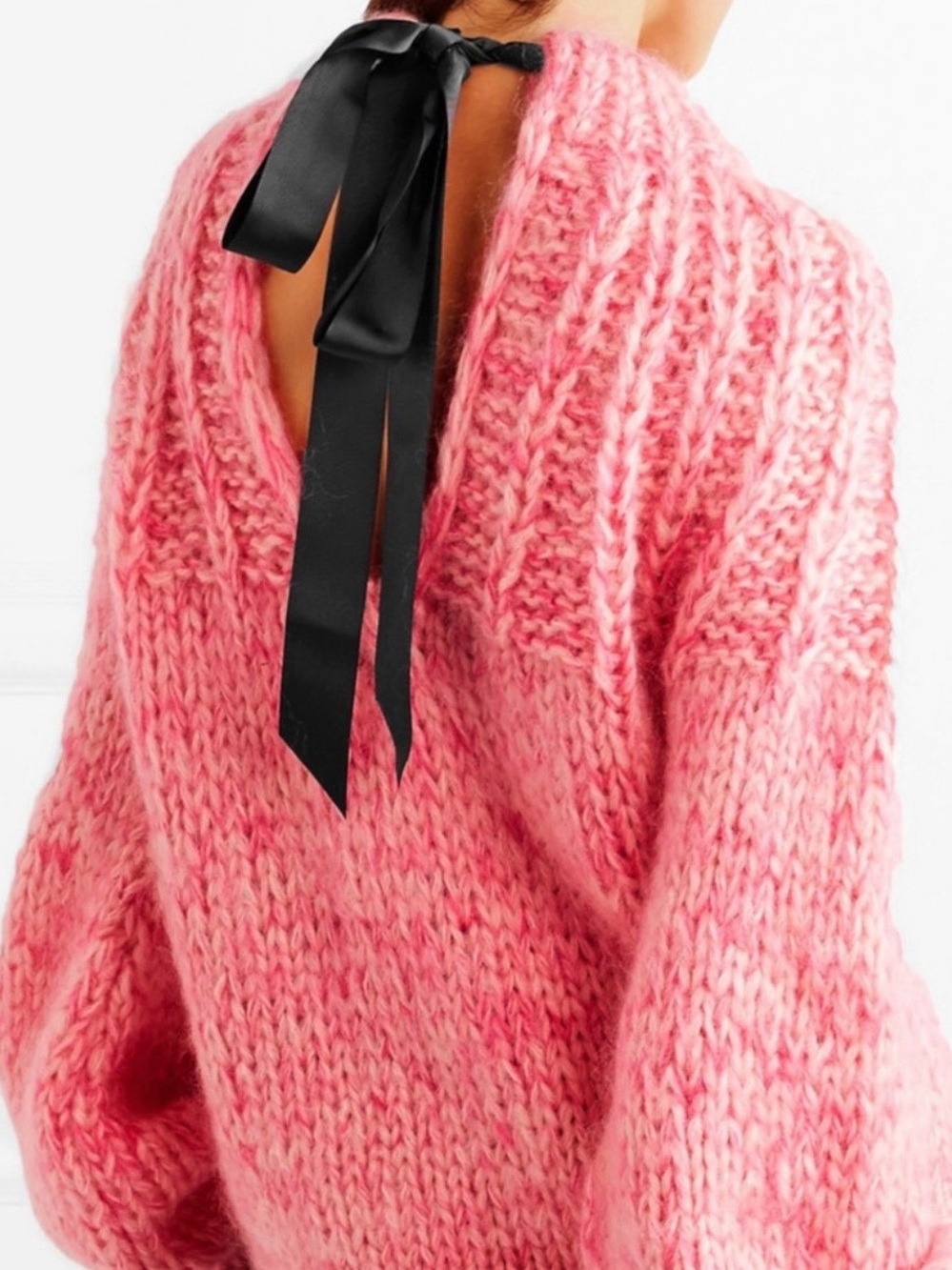 GANNI Pink Open-Back Knit Sweater with Ribbon Tie